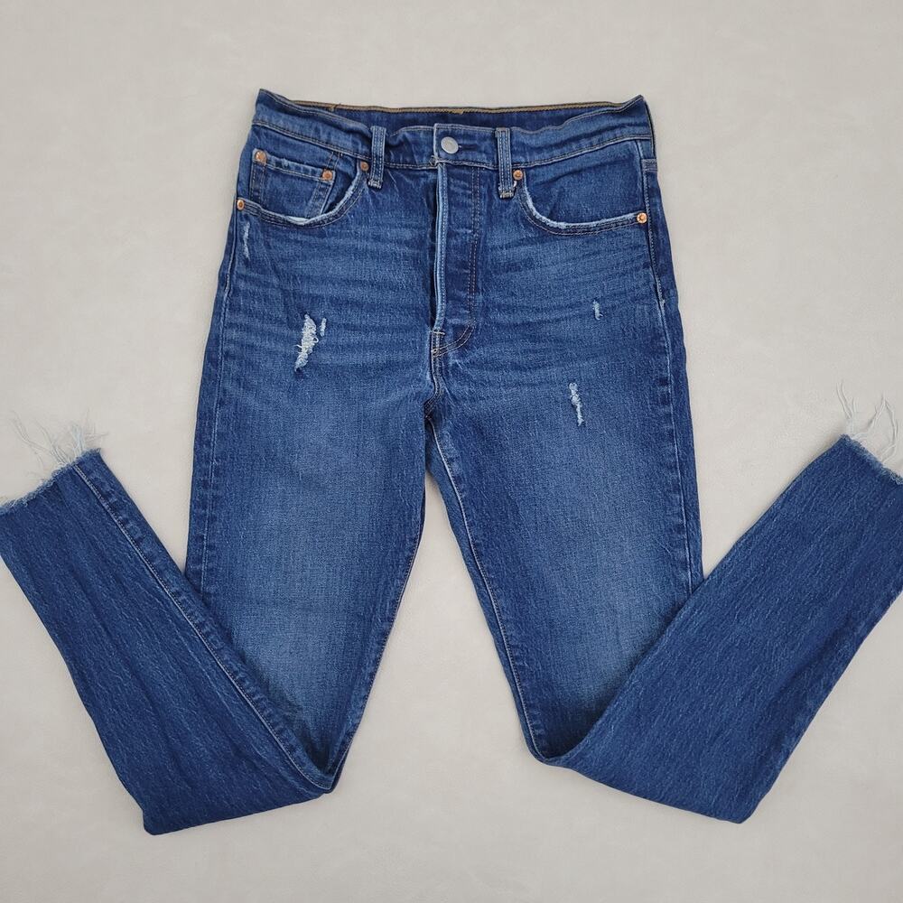 Levis 501 Jeans Womens Blue Skinny Button Fly Dark Wash Raw Hem 28×32 Fits 30in